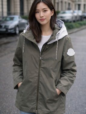 Moncler Olive Green Hooded Raincoat with White Hood Trim